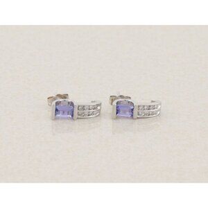 14k White Gold Natural Tanzanite & Diamond Earrings J Hoop
